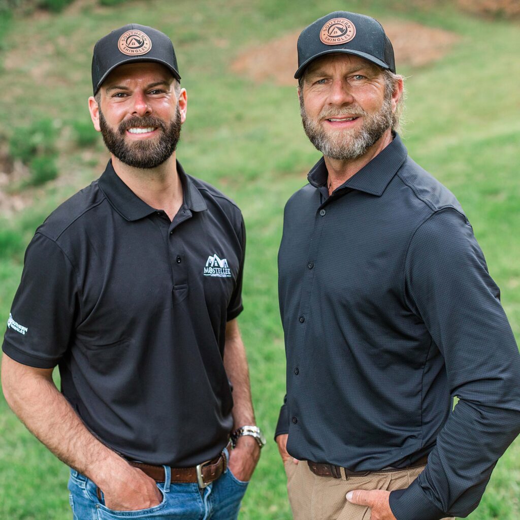 Photos of male owners, Douglas Mosteller and father D. Mosteller, of Southern Shingles wearing Southern Shingles shirts and hats, smiling at camera.