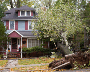 Beautiful, two-story, residential home with large fallen tree from the front yard leaning on home and roof.